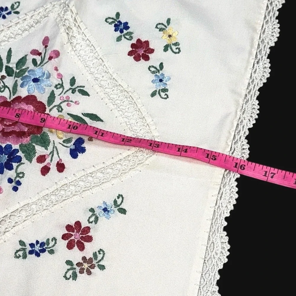 Vintage Hand Embroidered Floral Pillow Sham White Lace Trim Zipper Back 16x16
